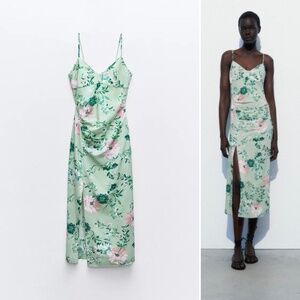 ZARA Linen Blend Floral Green Midi Dress